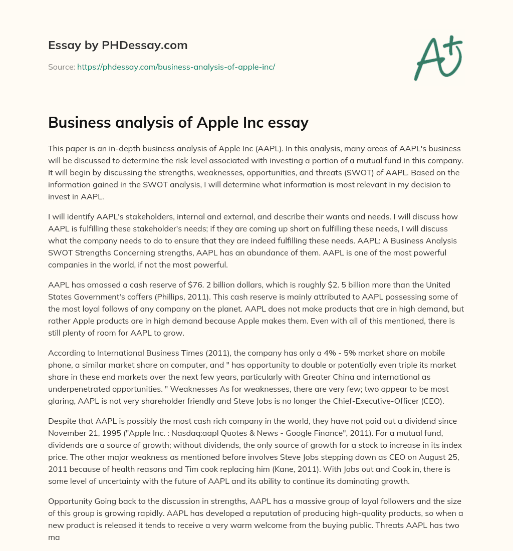 Business analysis of Apple Inc essay essay