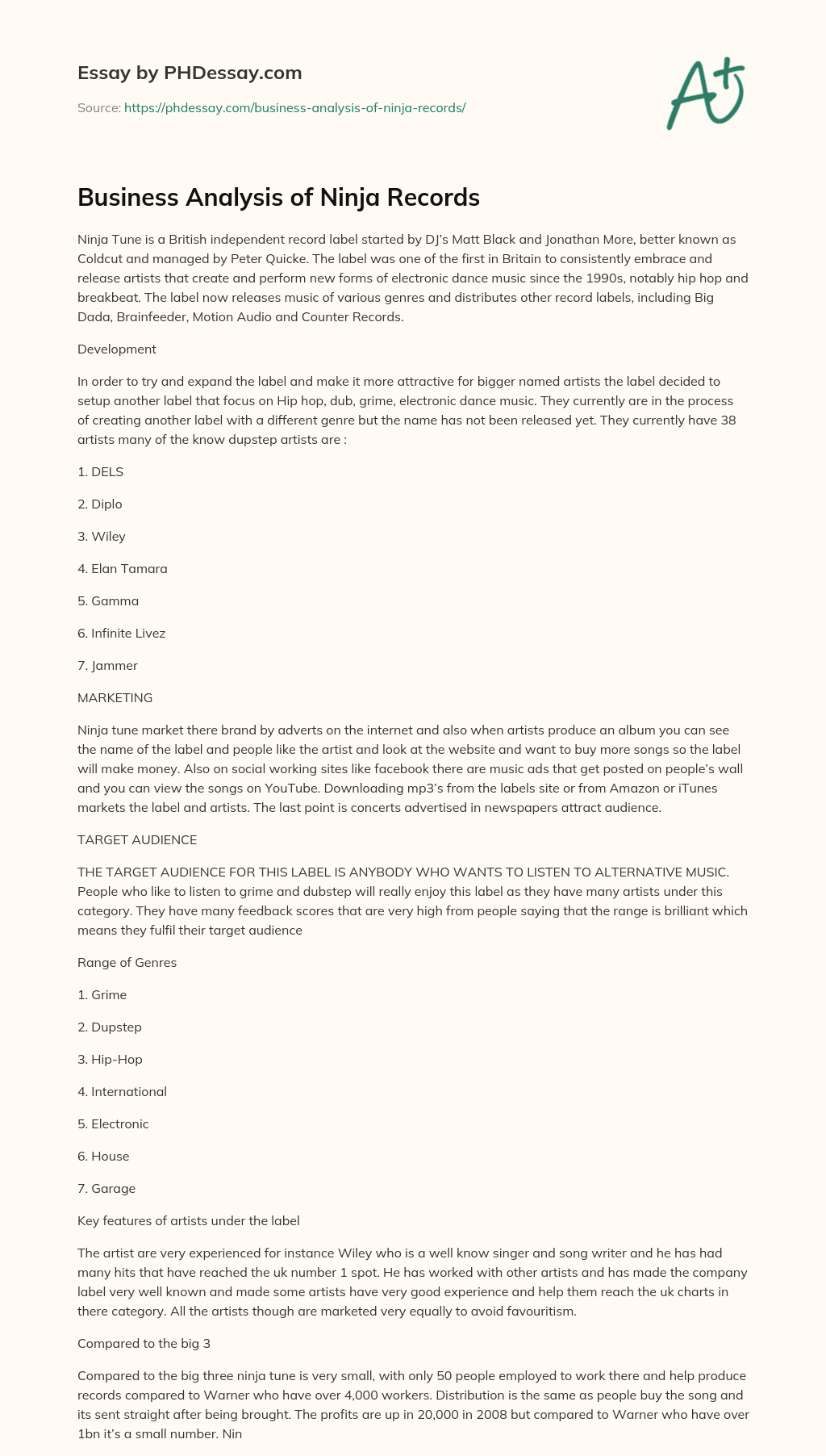 Business Analysis of Ninja Records essay