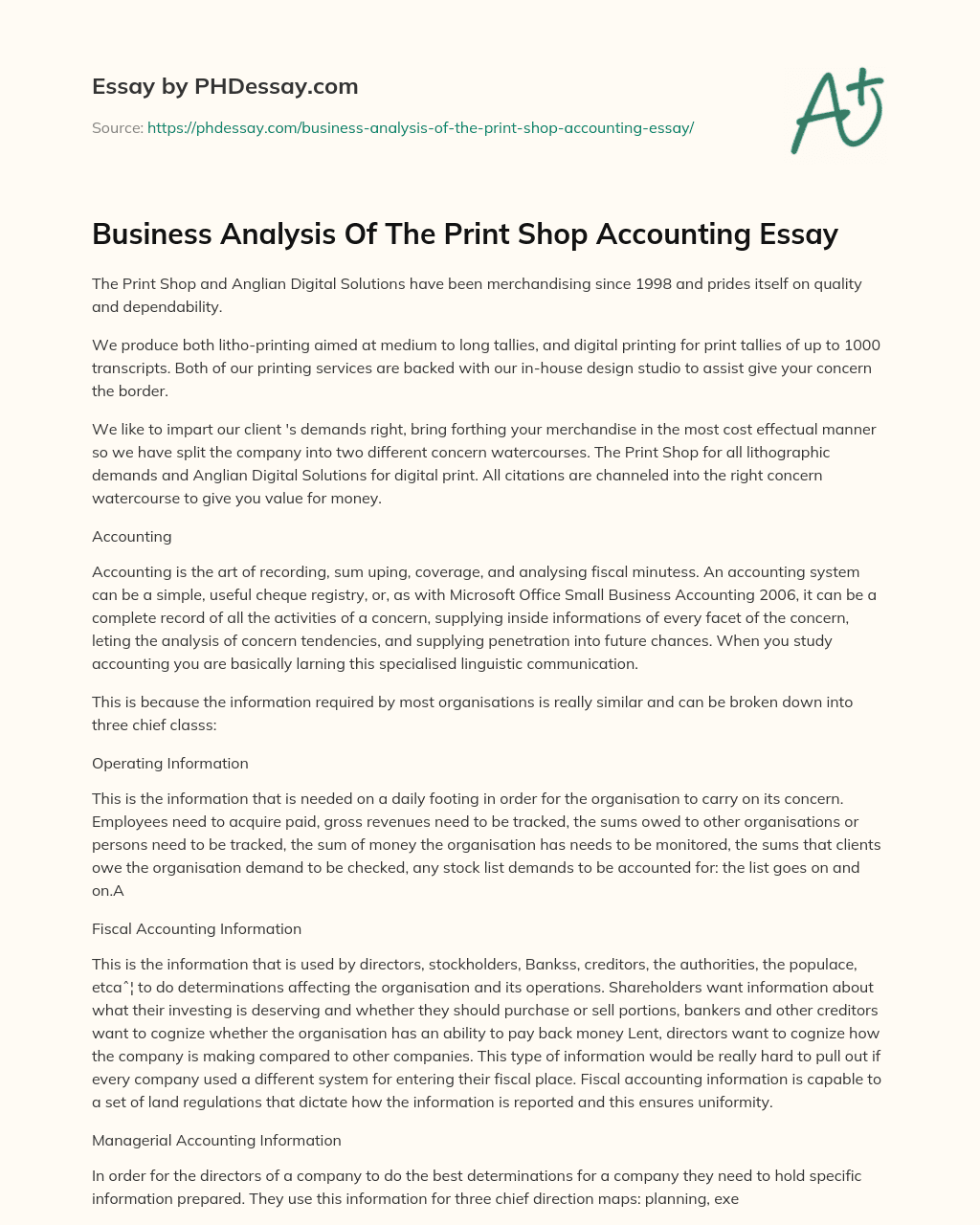 Business Analysis Of The Print Shop Accounting Essay essay