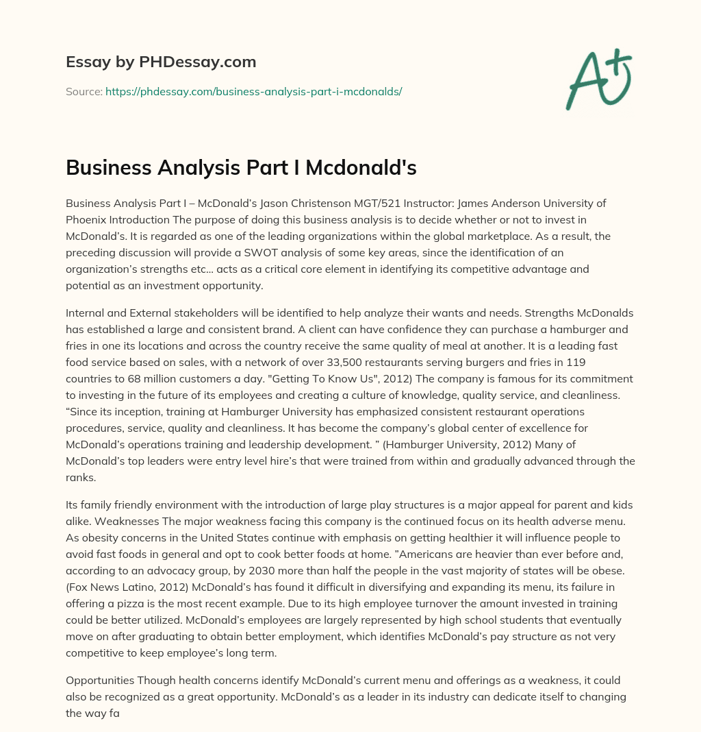 Business Analysis Part I Mcdonald’s essay