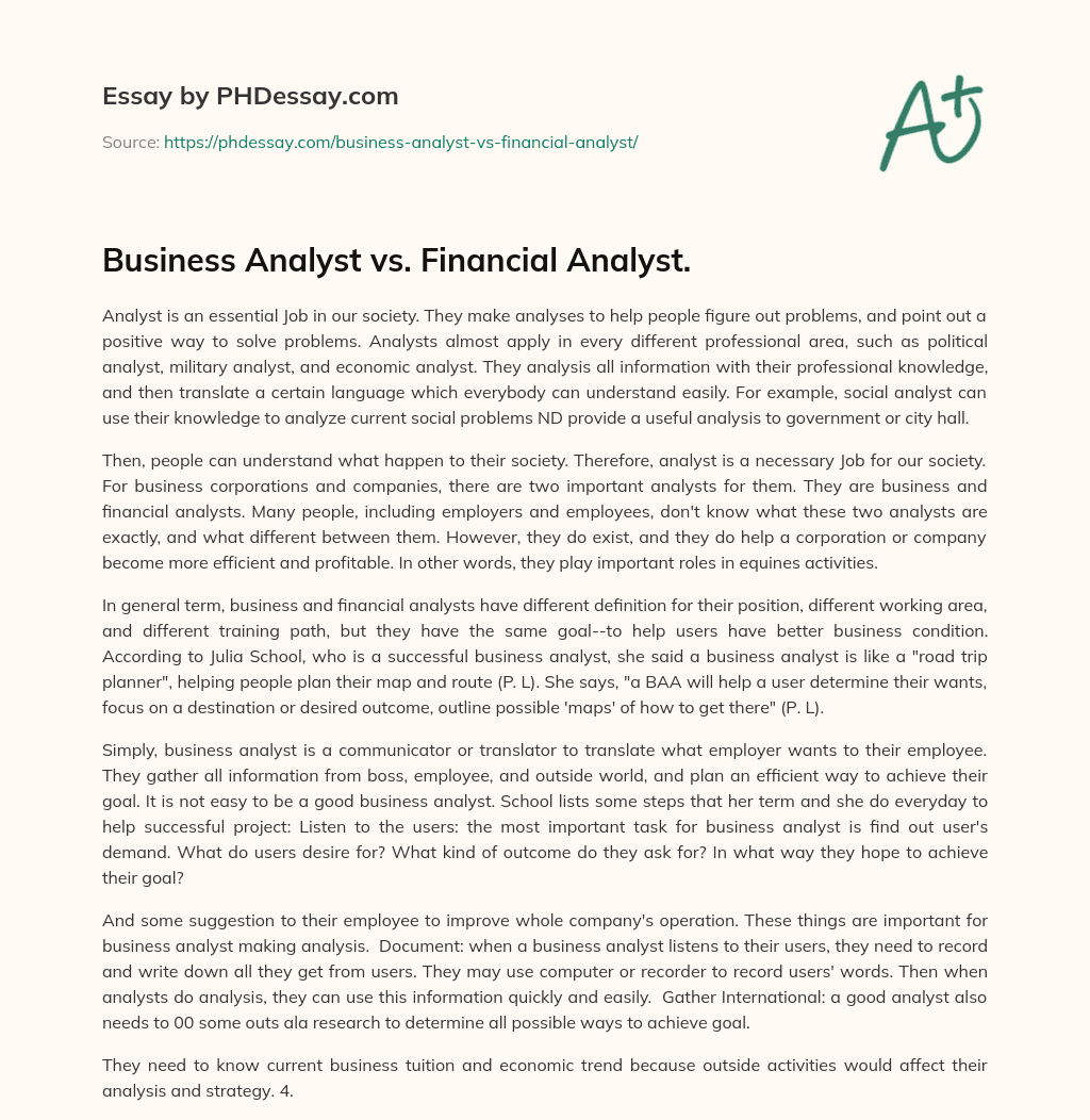 Business Analyst vs. Financial Analyst. essay