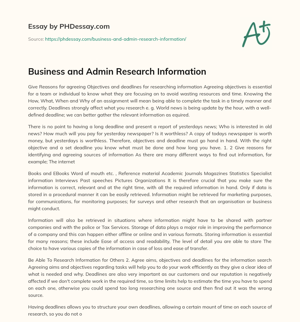 Business and Admin Research Information essay