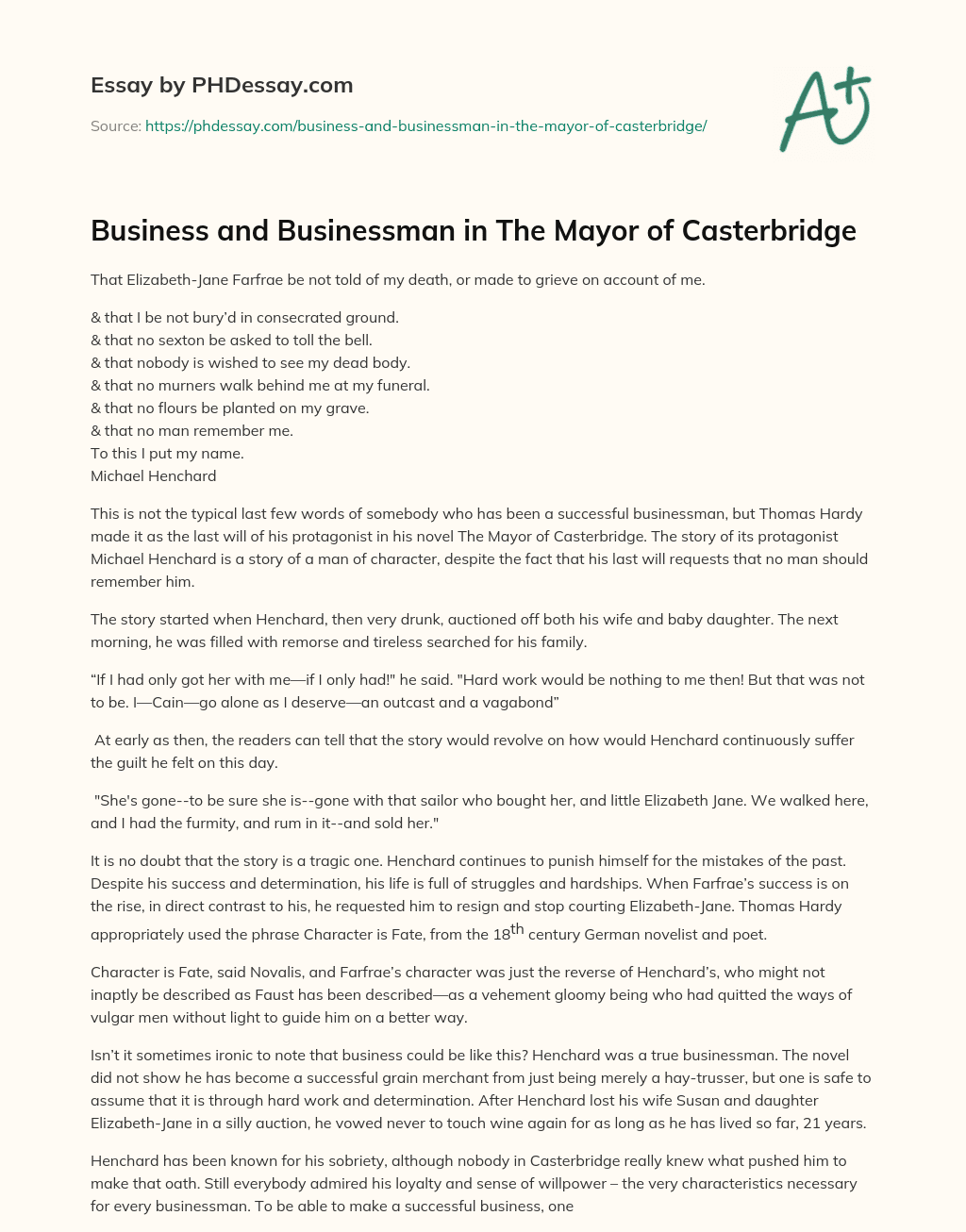Business and Businessman in The Mayor of Casterbridge essay