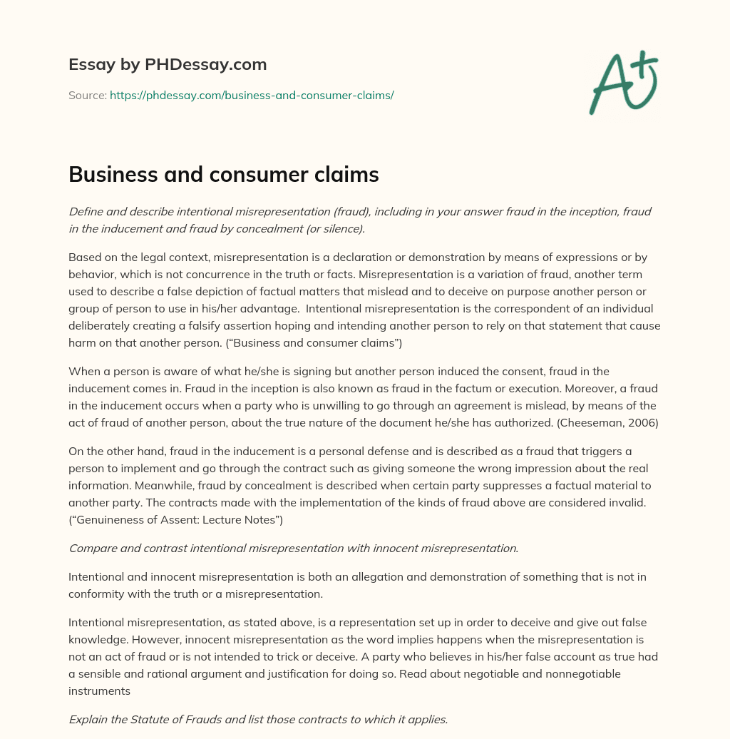 Business and consumer claims essay