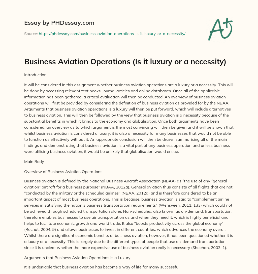 Business Aviation Operations (Is it luxury or a necessity) essay