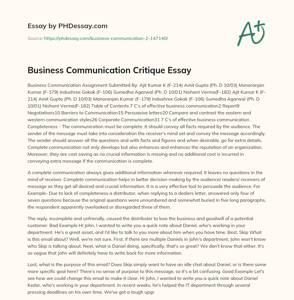 Business Communication Critique Essay essay