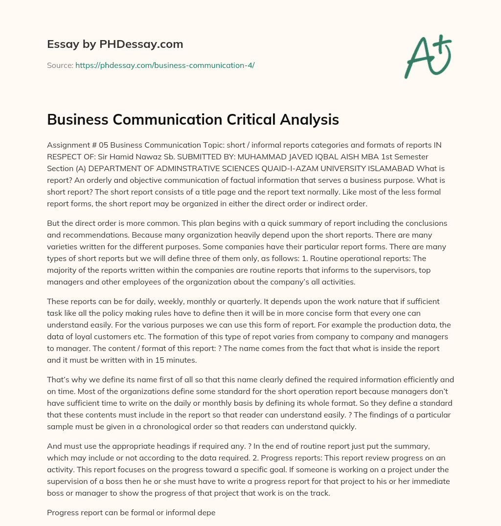 Business Communication Critical Analysis essay