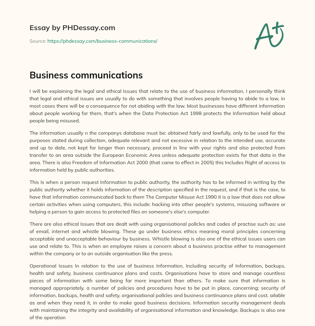 Legal and Ethical Issues in Business Information Management essay