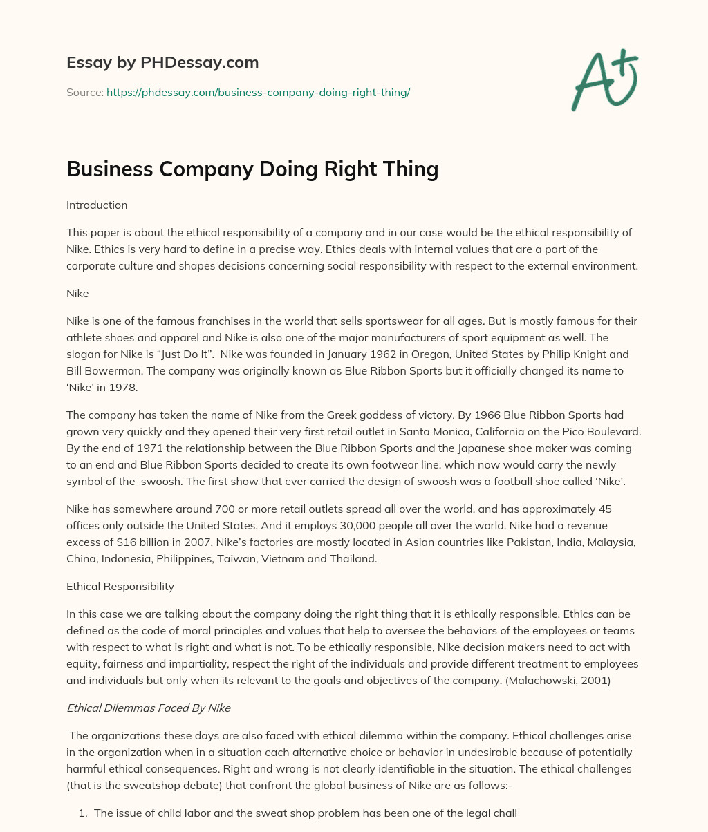 Business Company Doing Right Thing essay