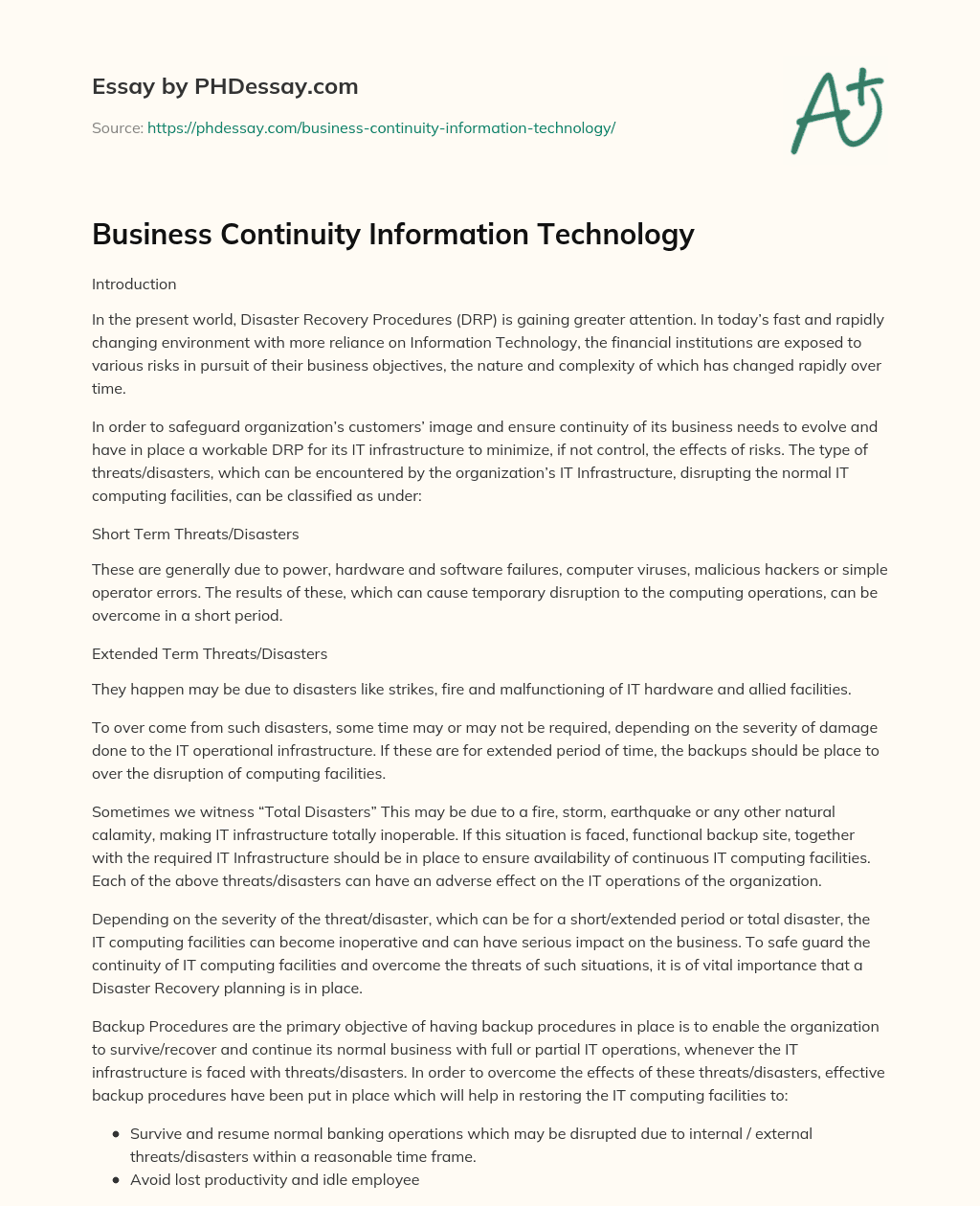 Business Continuity Information Technology essay