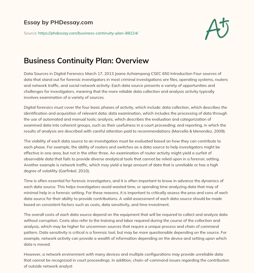 Business Continuity Plan: Overview essay