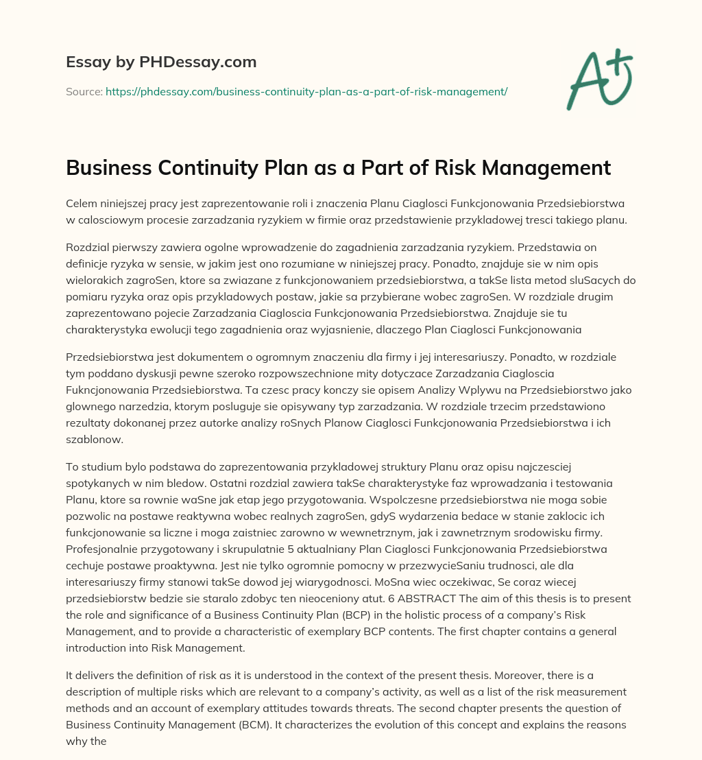 research paper about business continuity plan