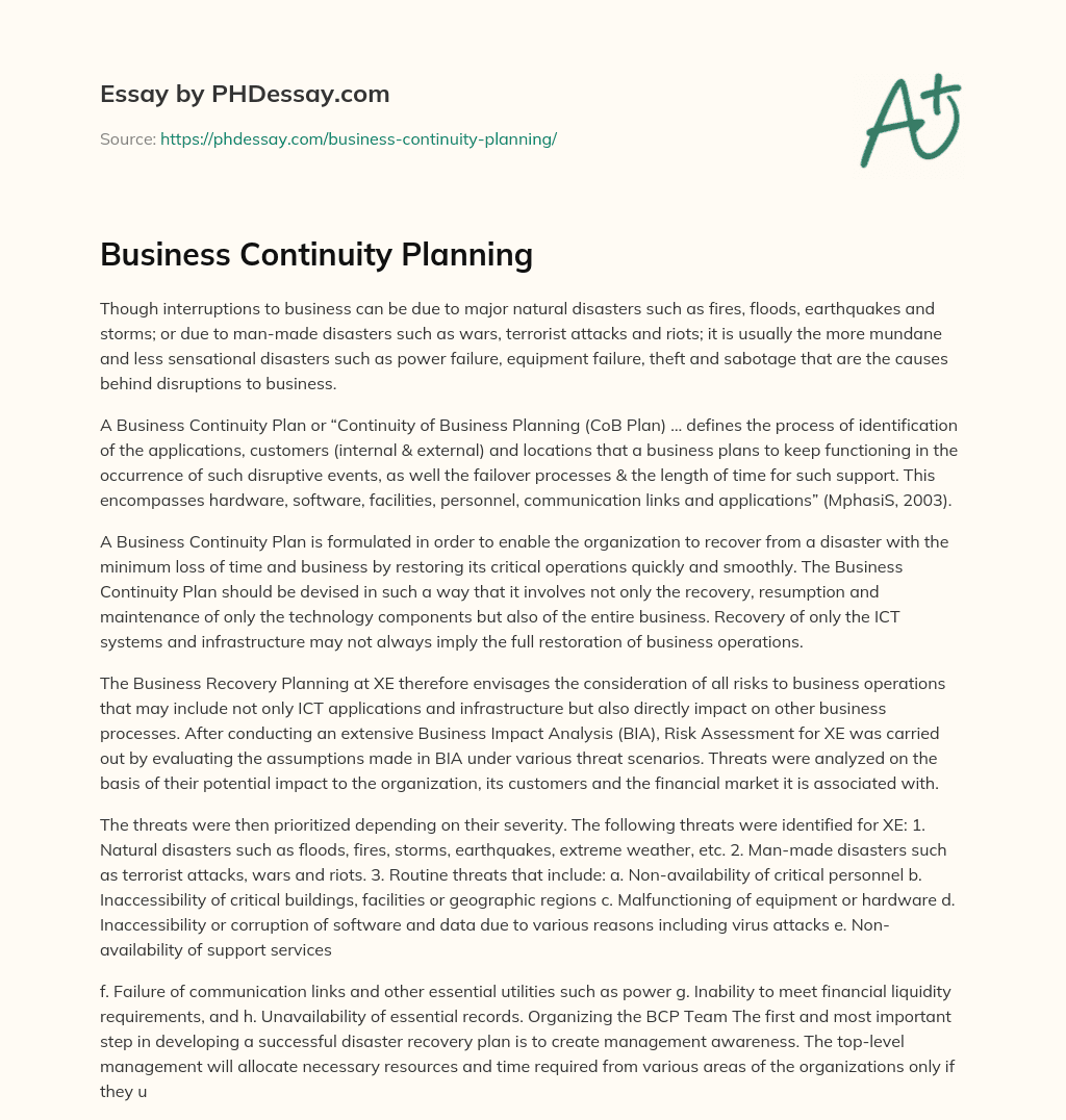 Business Continuity Planning essay