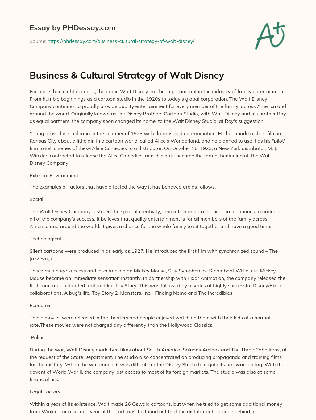 Business & Cultural Strategy of Walt Disney essay