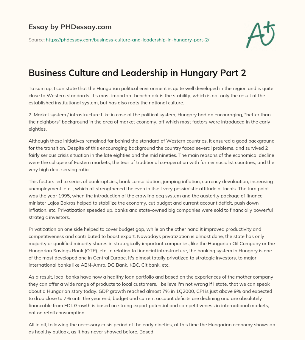 Business Culture and Leadership in Hungary Part 2 essay