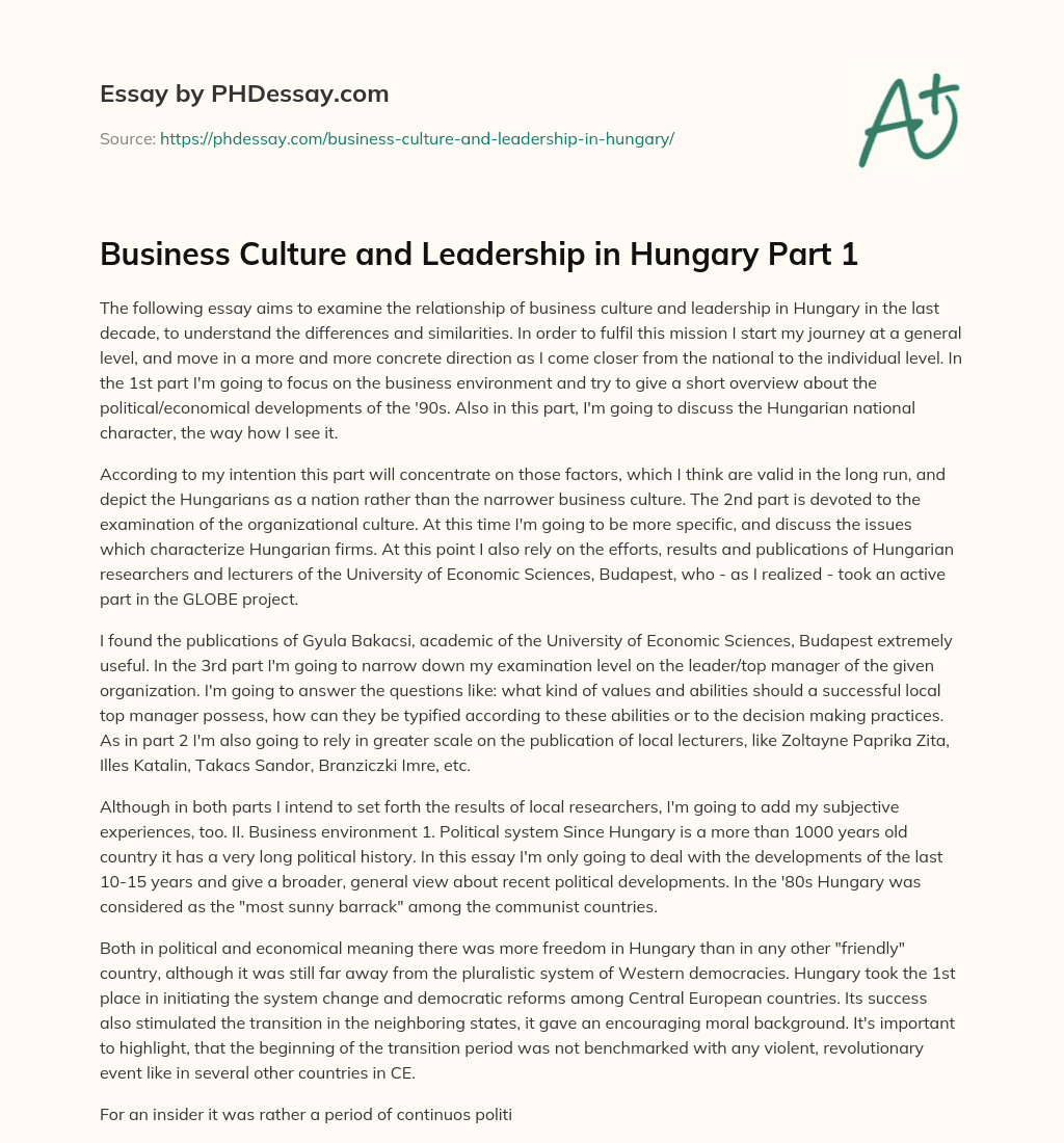 Business Culture and Leadership in Hungary Part 1 essay