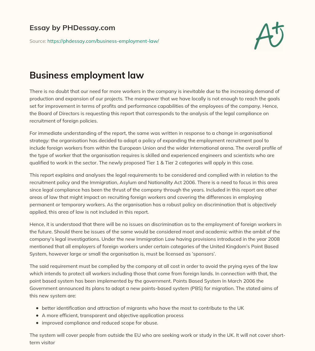 Business employment law essay