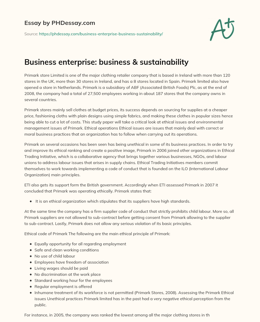 Business enterprise: business & sustainability essay