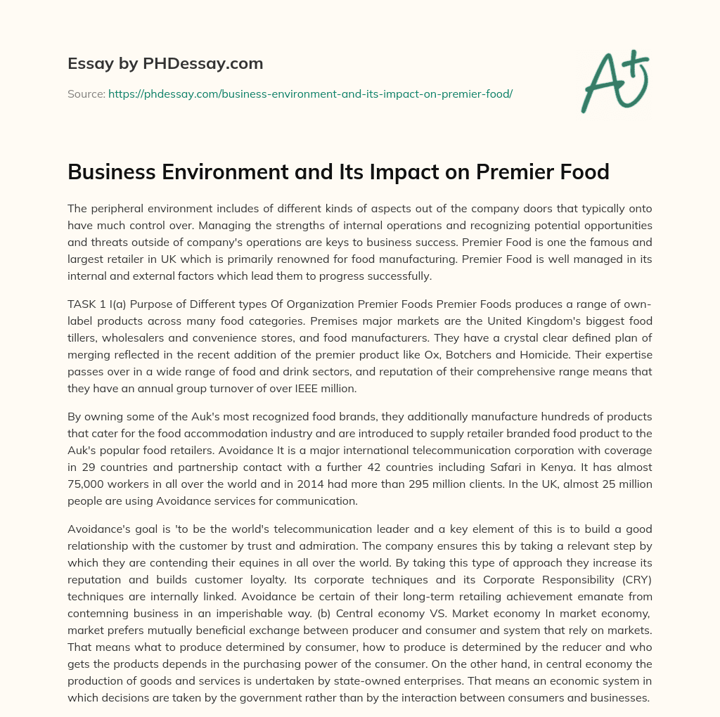Business Environment and Its Impact on Premier Food essay