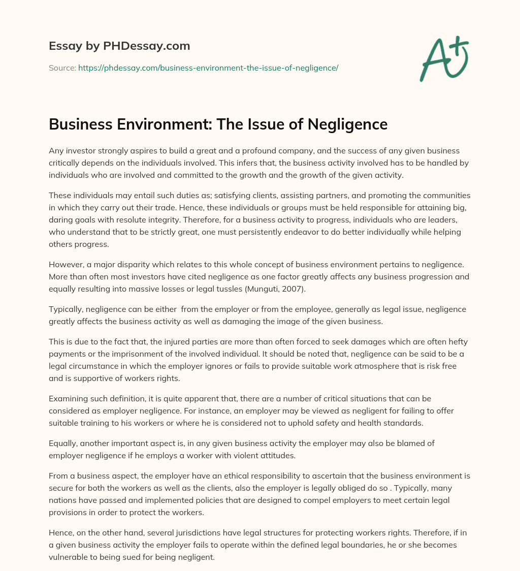 Business Environment: The Issue of Negligence essay