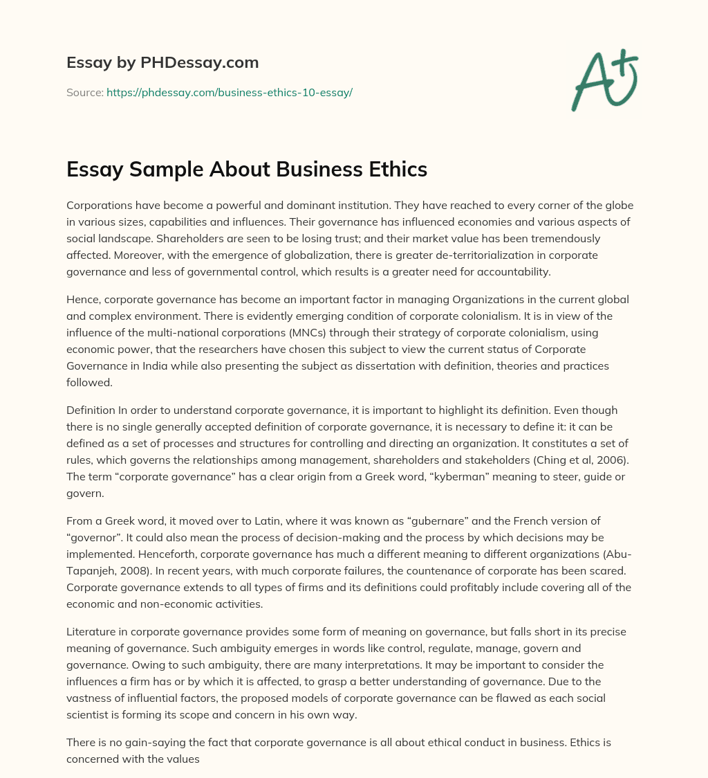 Essay Sample About Business Ethics essay