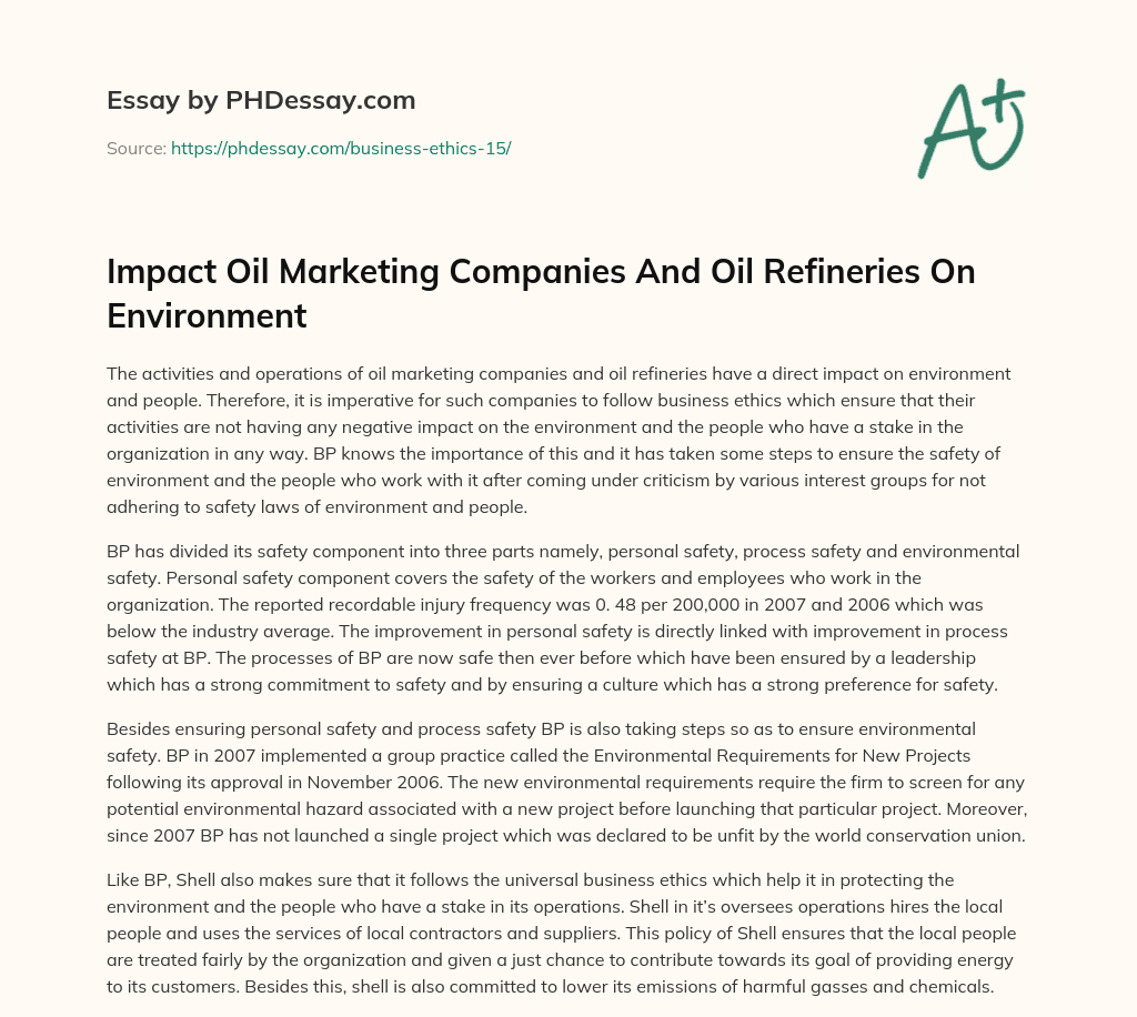 Impact Oil Marketing Companies And Oil Refineries On Environment essay