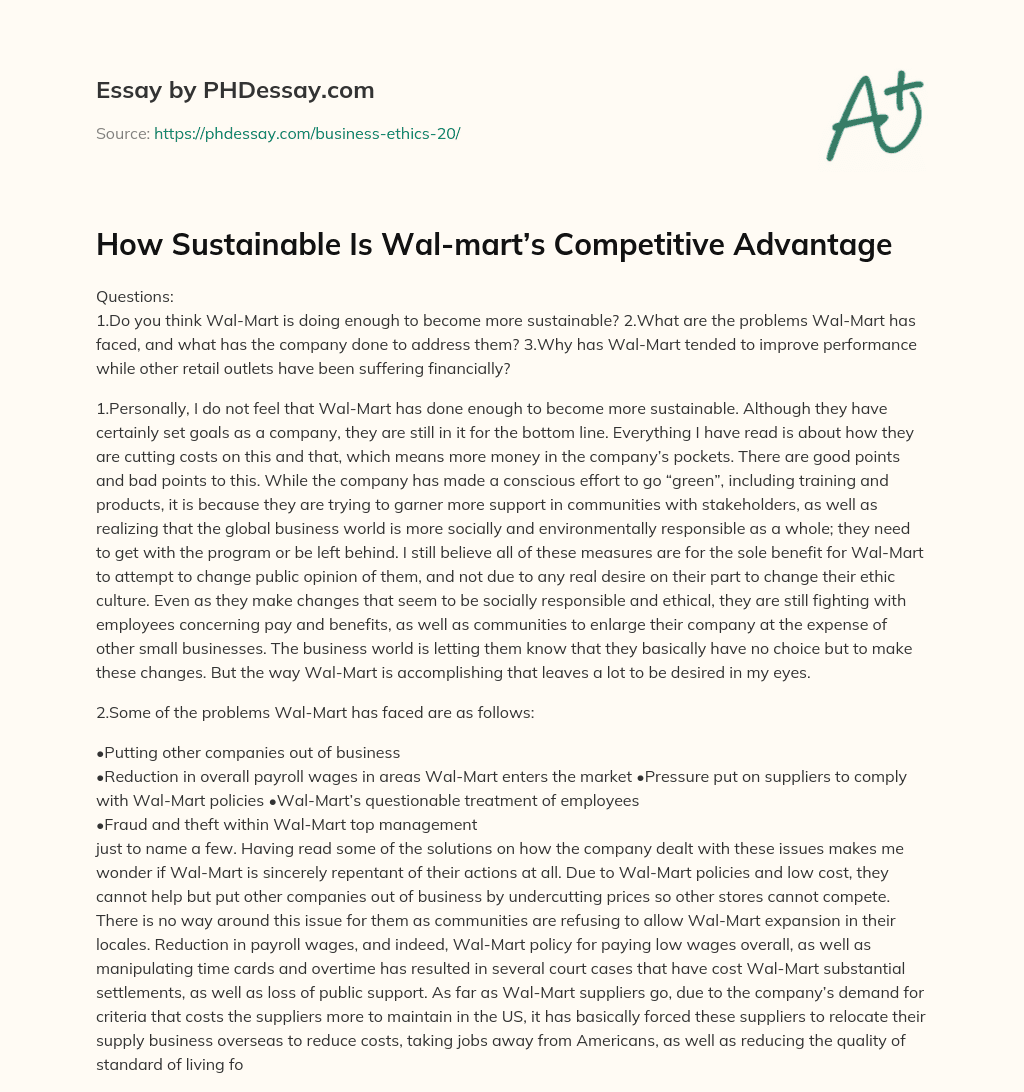How Sustainable Is Wal-mart’s Competitive Advantage essay
