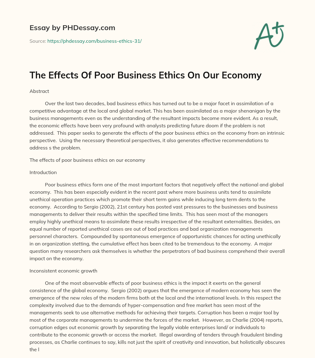 The Effects Of Poor Business Ethics On Our Economy essay