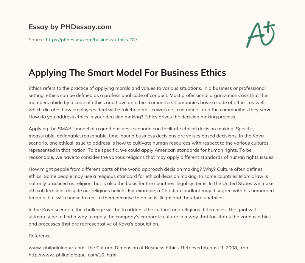 Applying The Smart Model For Business Ethics essay