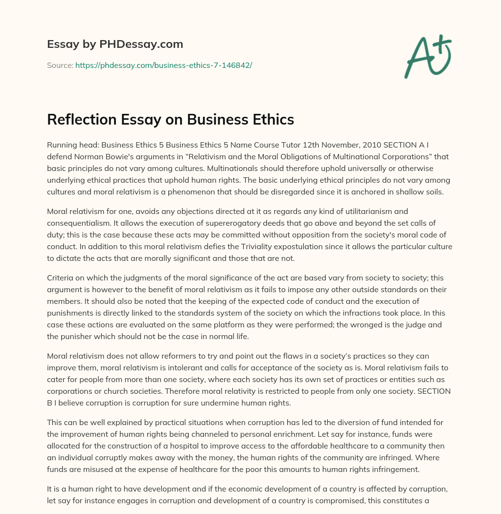 Reflection Essay on Business Ethics essay