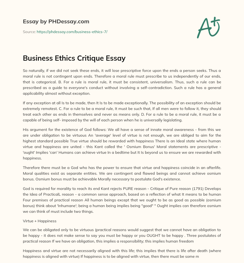 Business Ethics Critique Essay essay