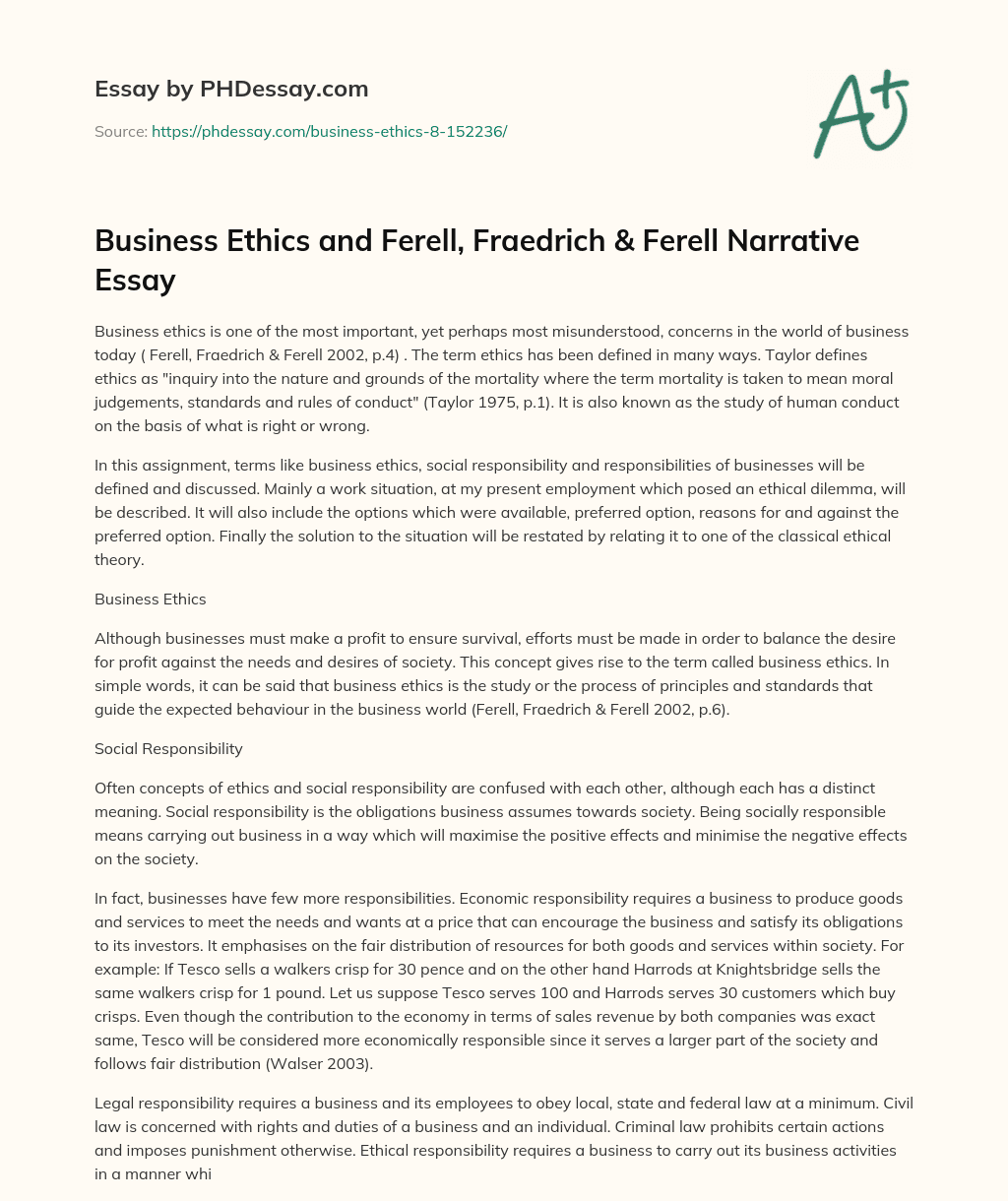 Business Ethics and Ferell, Fraedrich & Ferell Narrative Essay essay