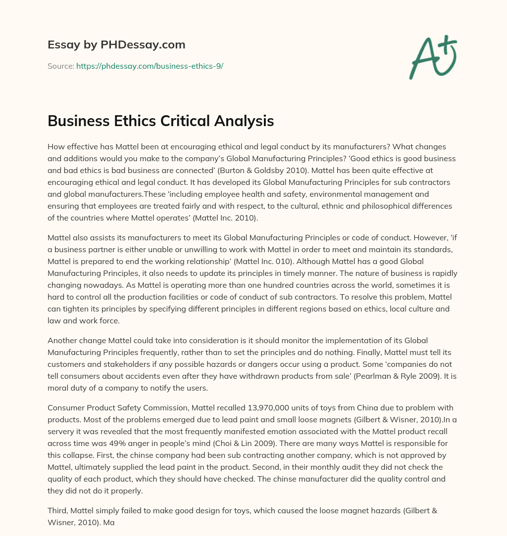 Business Ethics Critical Analysis essay