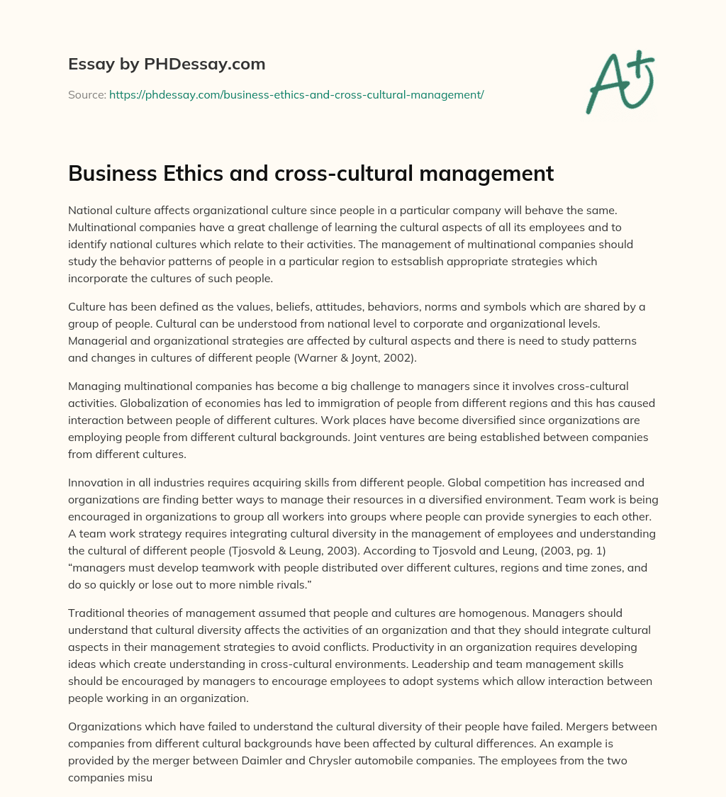 Business Ethics and cross-cultural management essay