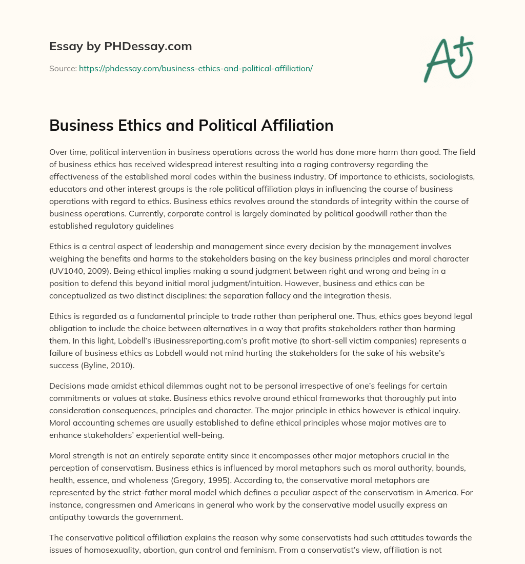Business Ethics and Political Affiliation essay