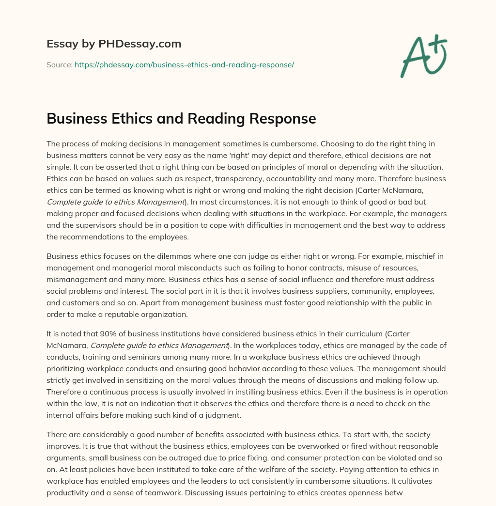 Business Ethics and Reading Response essay