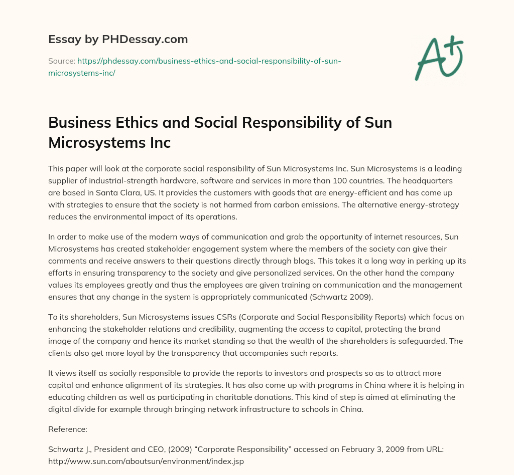 Business Ethics and Social Responsibility of Sun Microsystems Inc essay