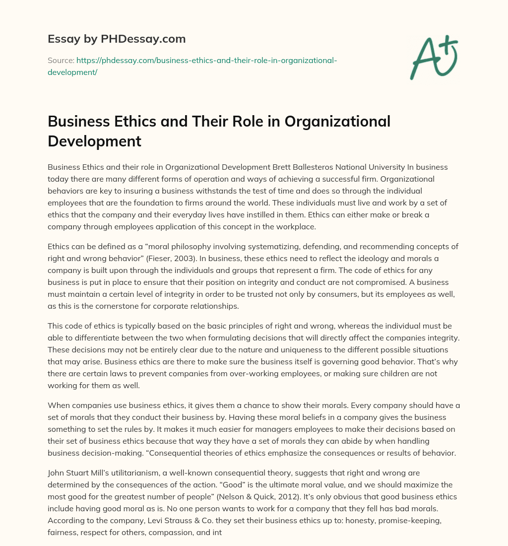 Business Ethics and Their Role in Organizational Development essay