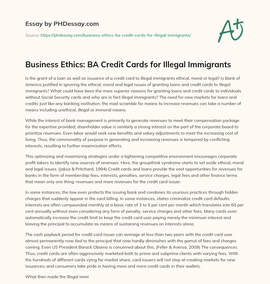 Business Ethics: BA Credit Cards for Illegal Immigrants essay