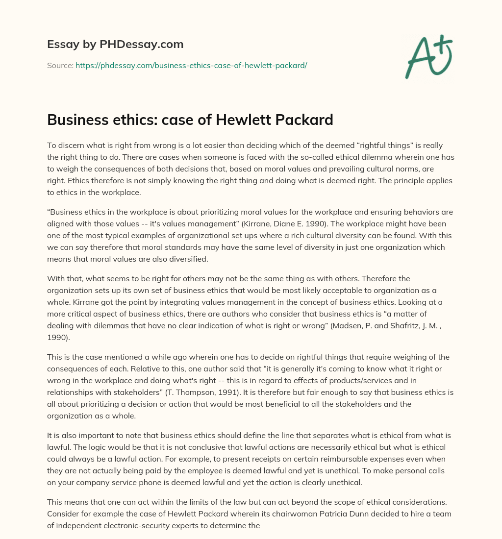 Business ethics: case of Hewlett Packard essay