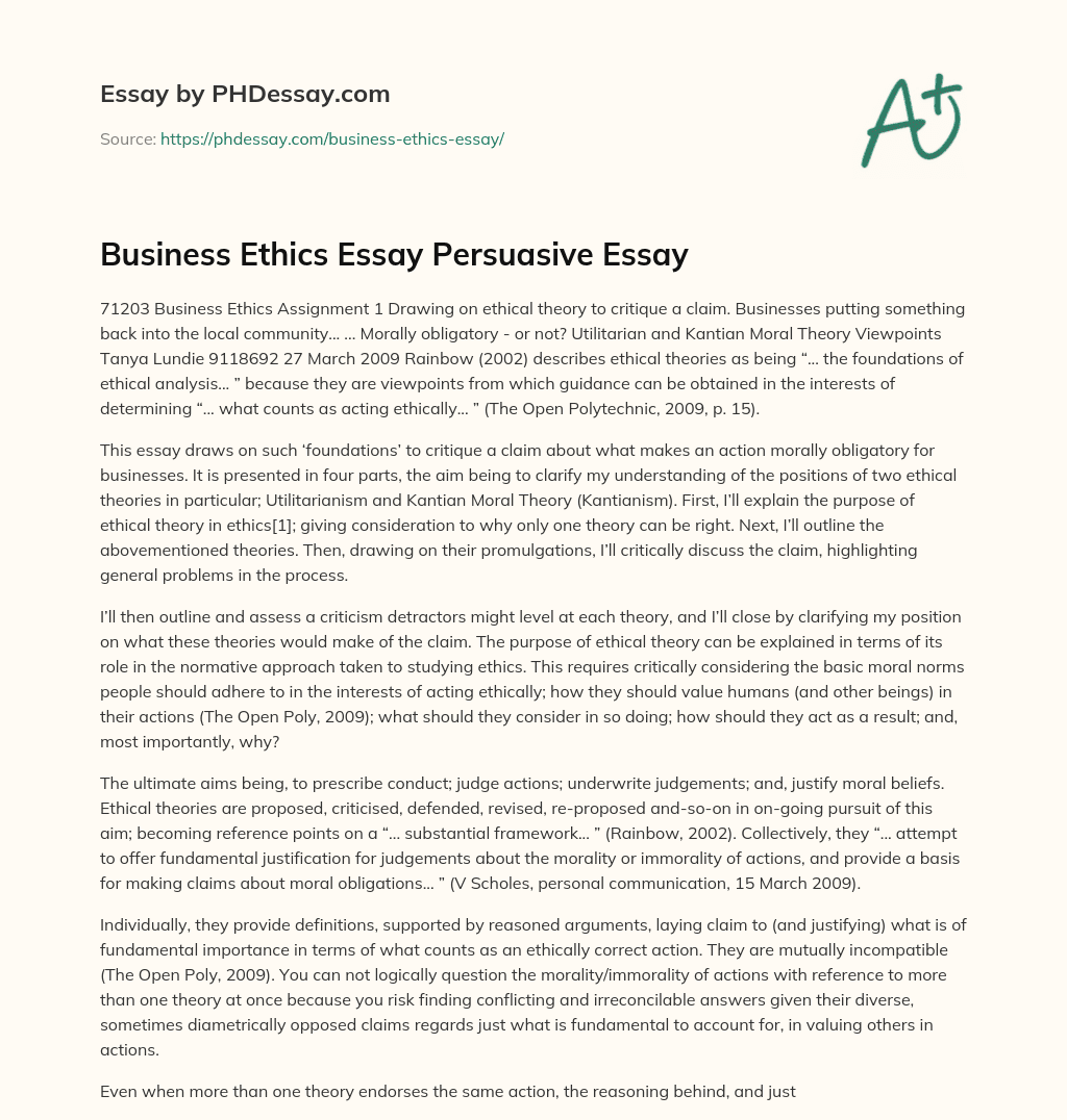 Business Ethics Essay Persuasive Essay essay