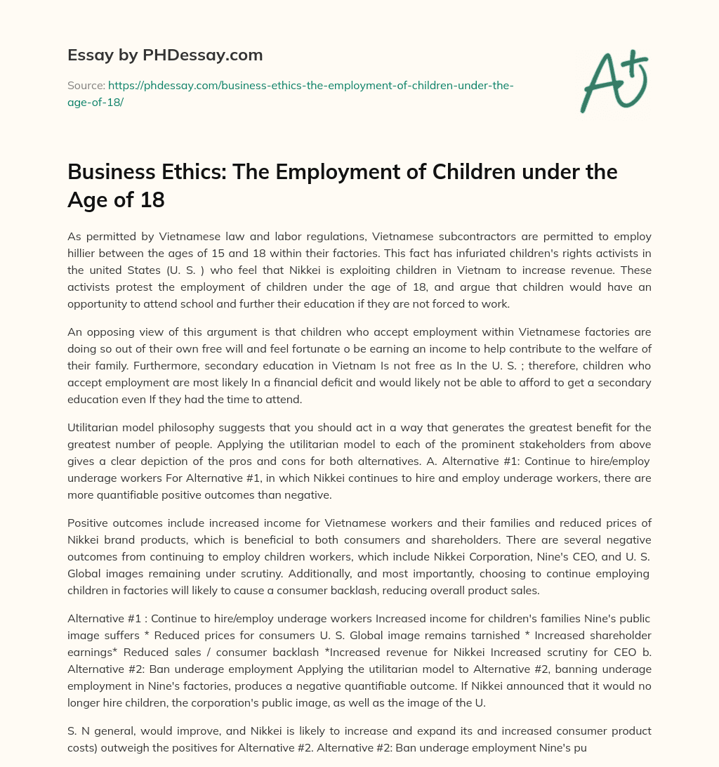 Business Ethics: The Employment of Children under the Age of 18 essay
