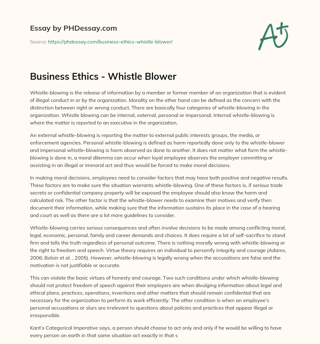 Business Ethics – Whistle Blower essay