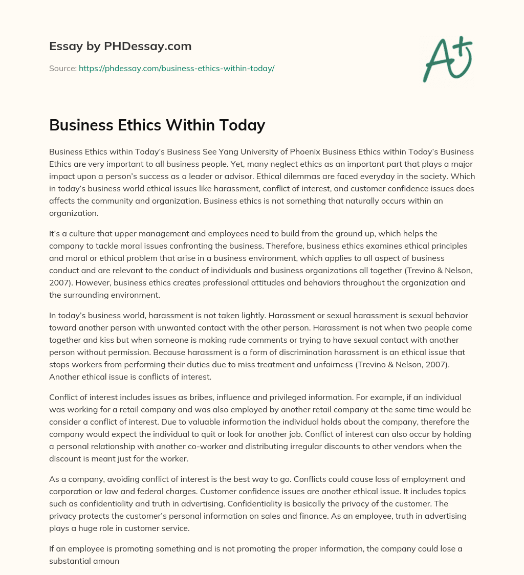 Business Ethics Within Today essay