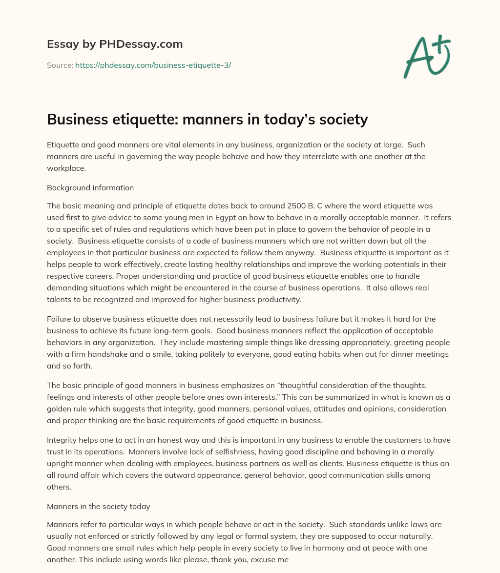 Business etiquette: manners in today’s society essay