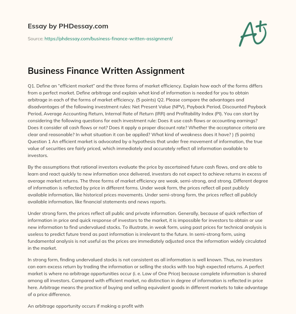 Business Finance Written Assignment essay