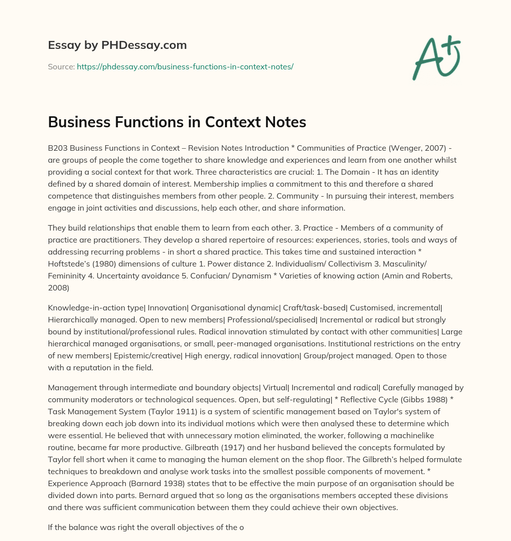 Business Functions in Context Notes essay