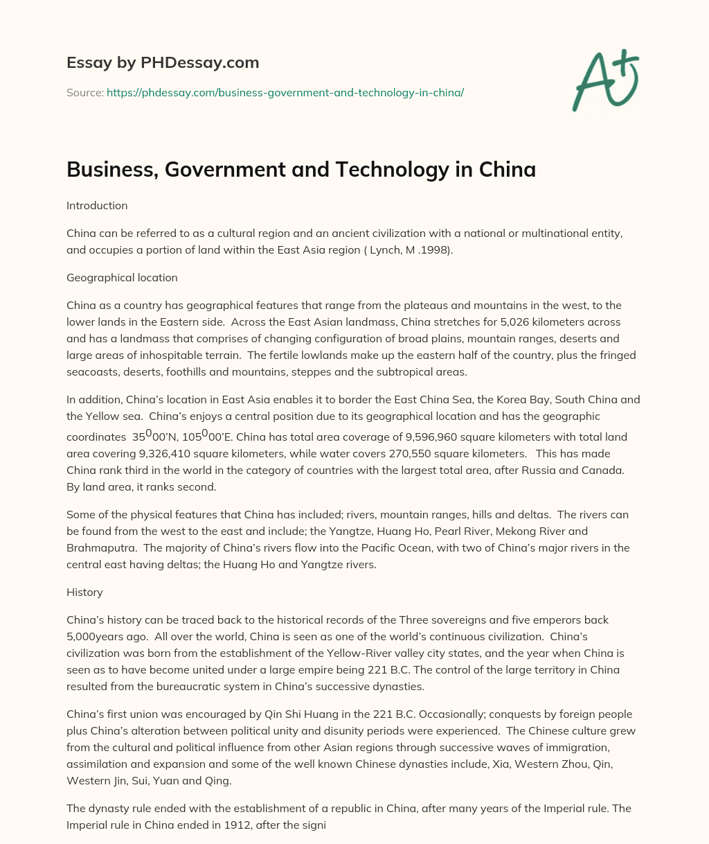 Business, Government and Technology in China essay