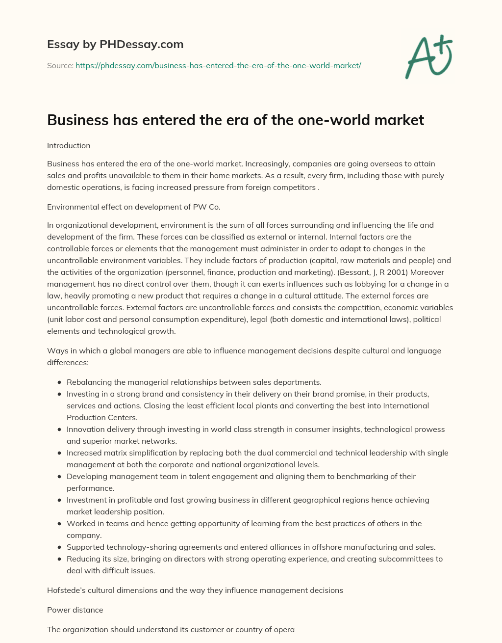 Business has entered the era of the one-world market essay