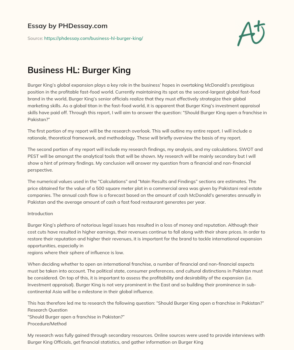 Business HL: Burger King essay